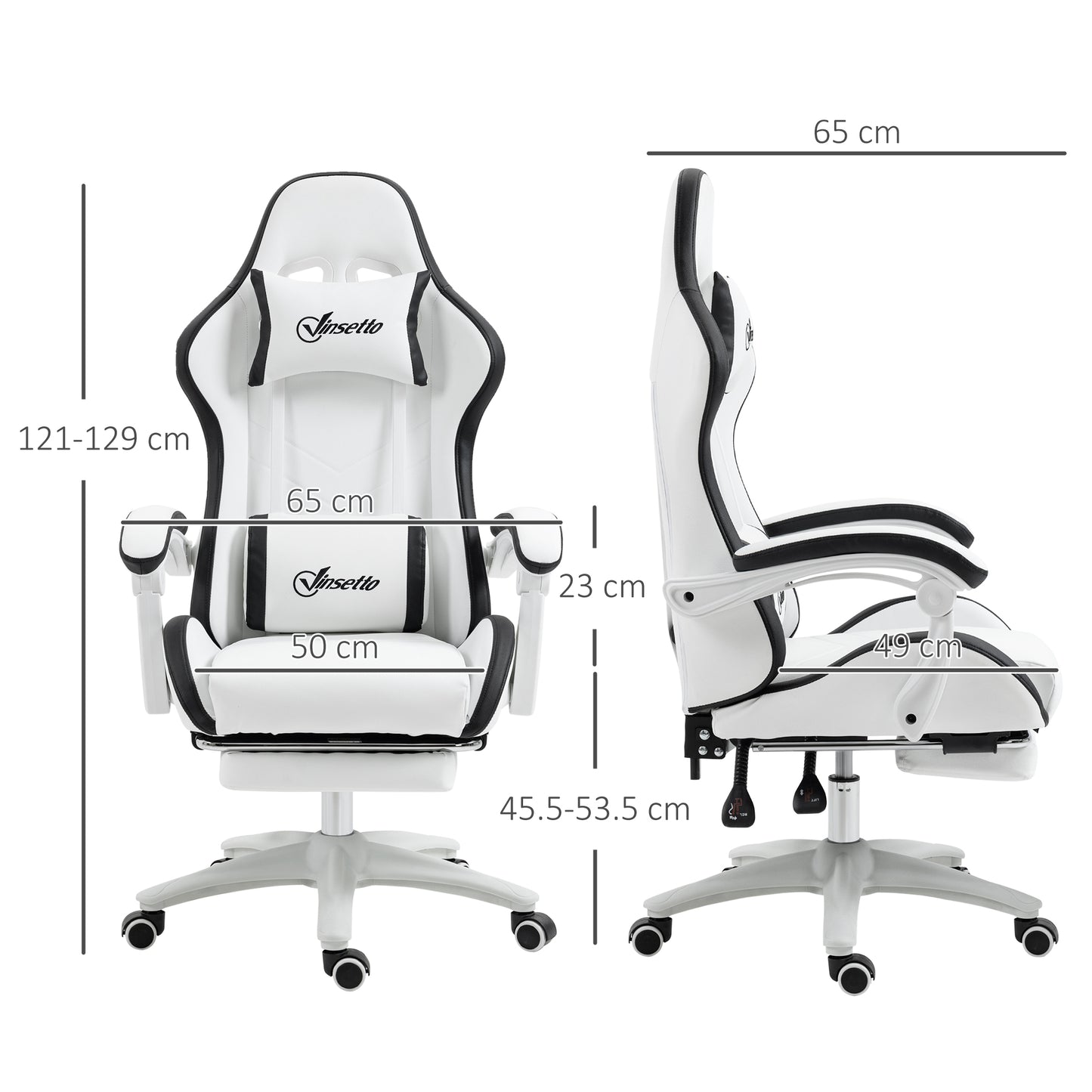 omputer Gaming Chair, PU Leather Office Desk Chair with Footrest, Swivel Wheels, 135° Reclining Back, Lumbar Support, Headrest for Home, White and Black