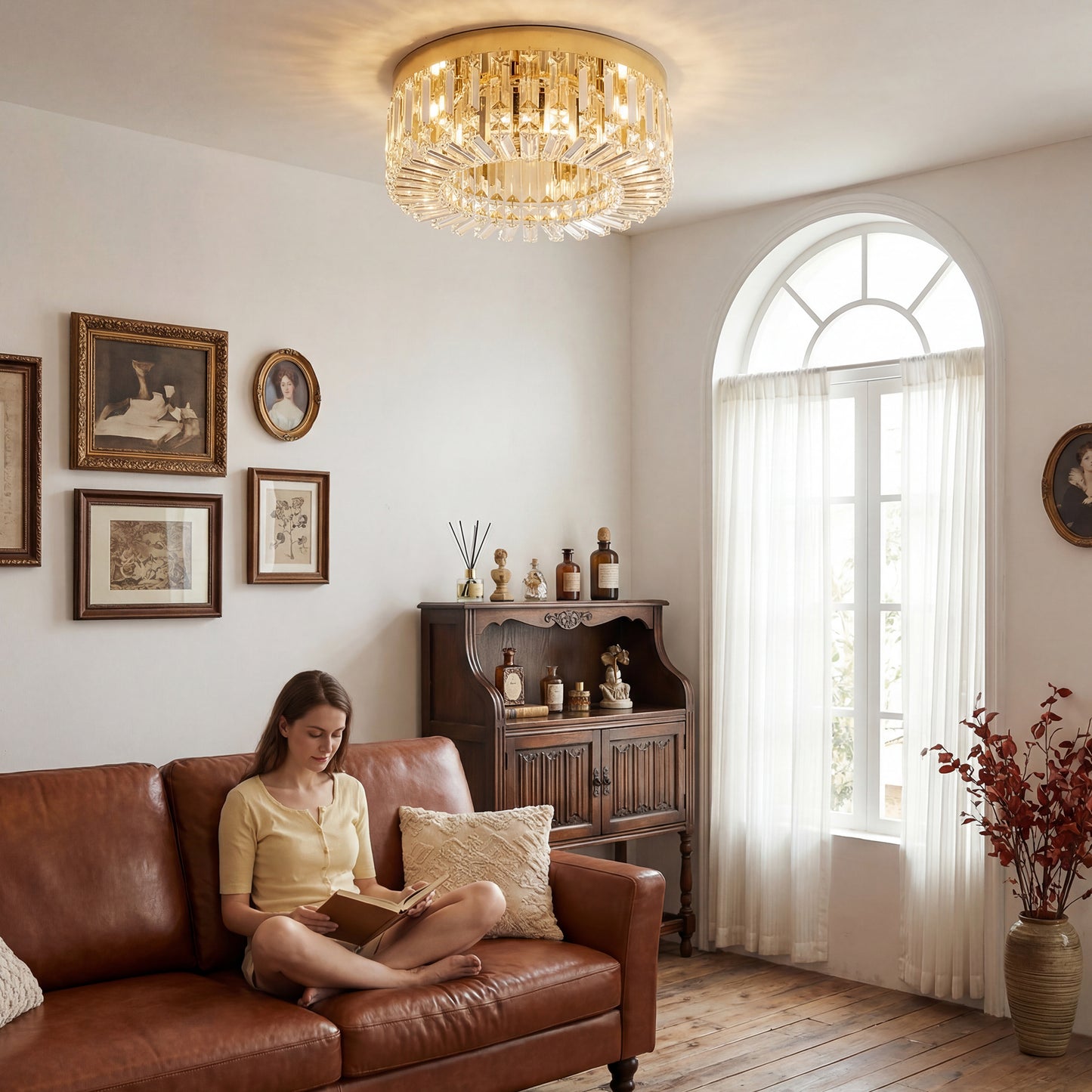 Crystal Ceiling Light with 160 Crystal Pendants, Gold Tone