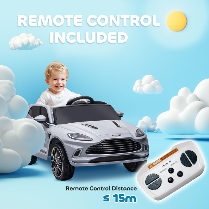 Aston Martin DBX Licensed 12V Kids Ride on Car, Battery Powered Kids Electric Car with Remote Control, 4 Suspension Wheels, LED Lights Music Horn, Slow Start, for Ages 3-6, Grey