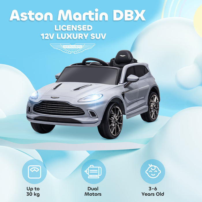 Aston Martin DBX Licensed 12V Kids Ride on Car, Battery Powered Kids Electric Car with Remote Control, 4 Suspension Wheels, LED Lights Music Horn, Slow Start, for Ages 3-6, Grey