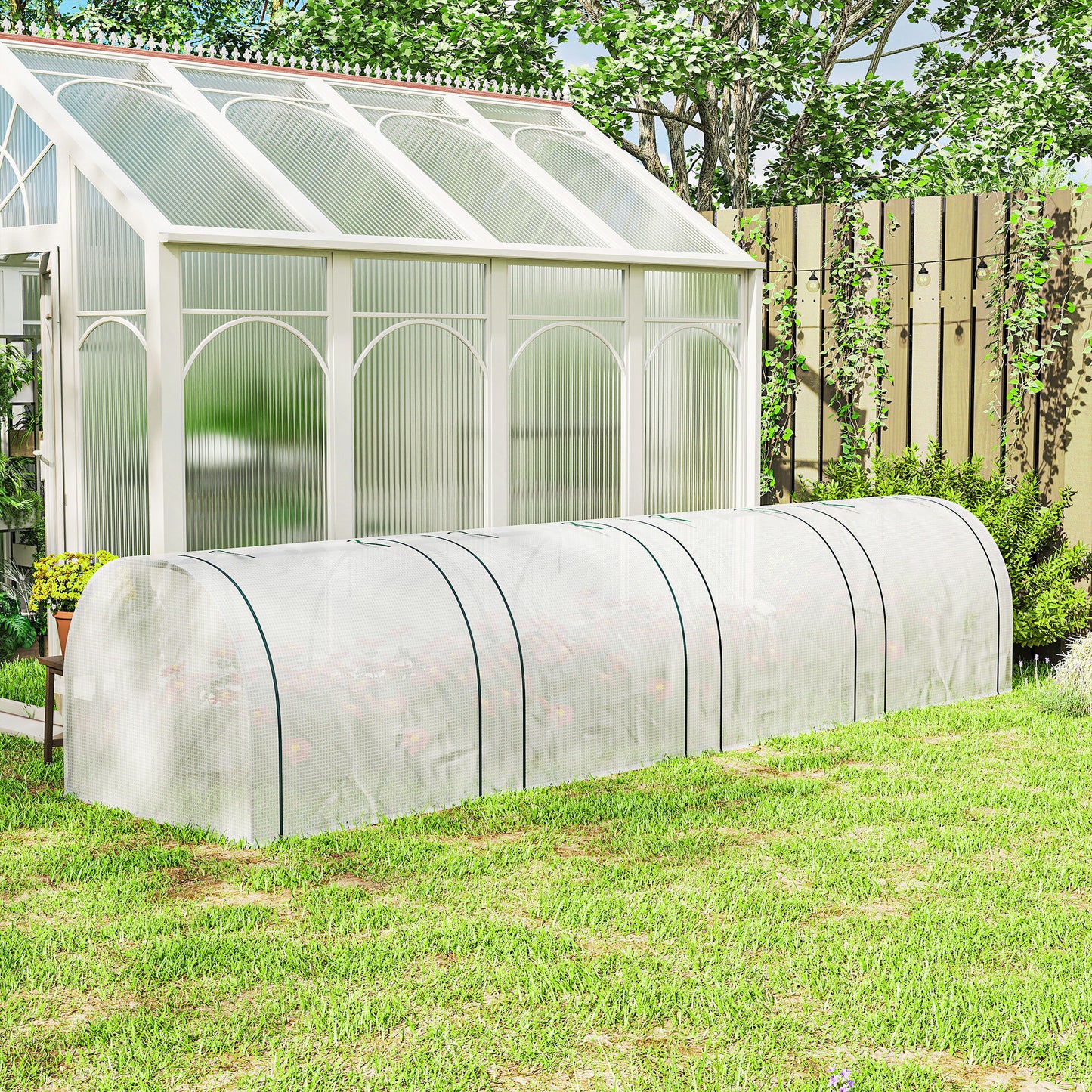 PE Tunnel Greenhouse, Green Grow House with Steel Frame and Zipper Doors for Garden, 395 x 100 x 80cm, White