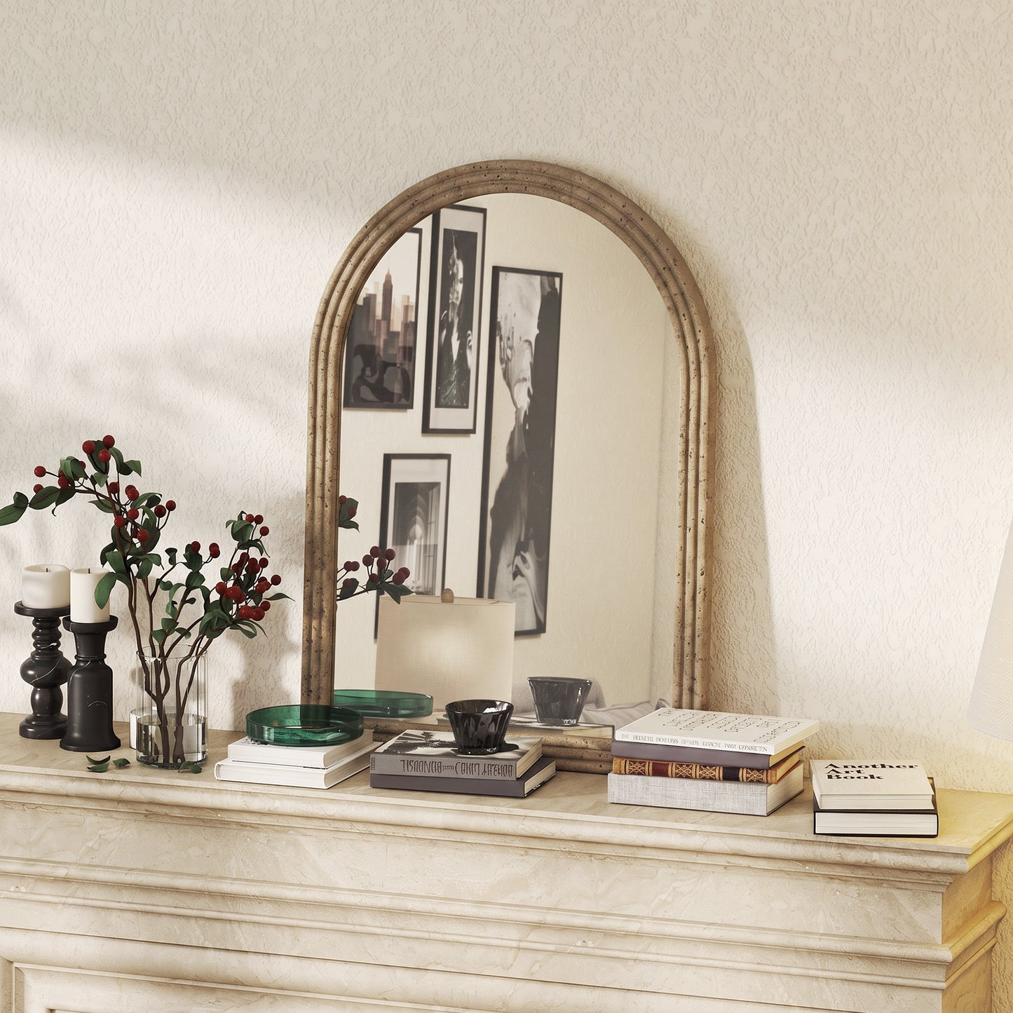 Modern Wall-Mounted Mirror with Grooved Edge, Brown