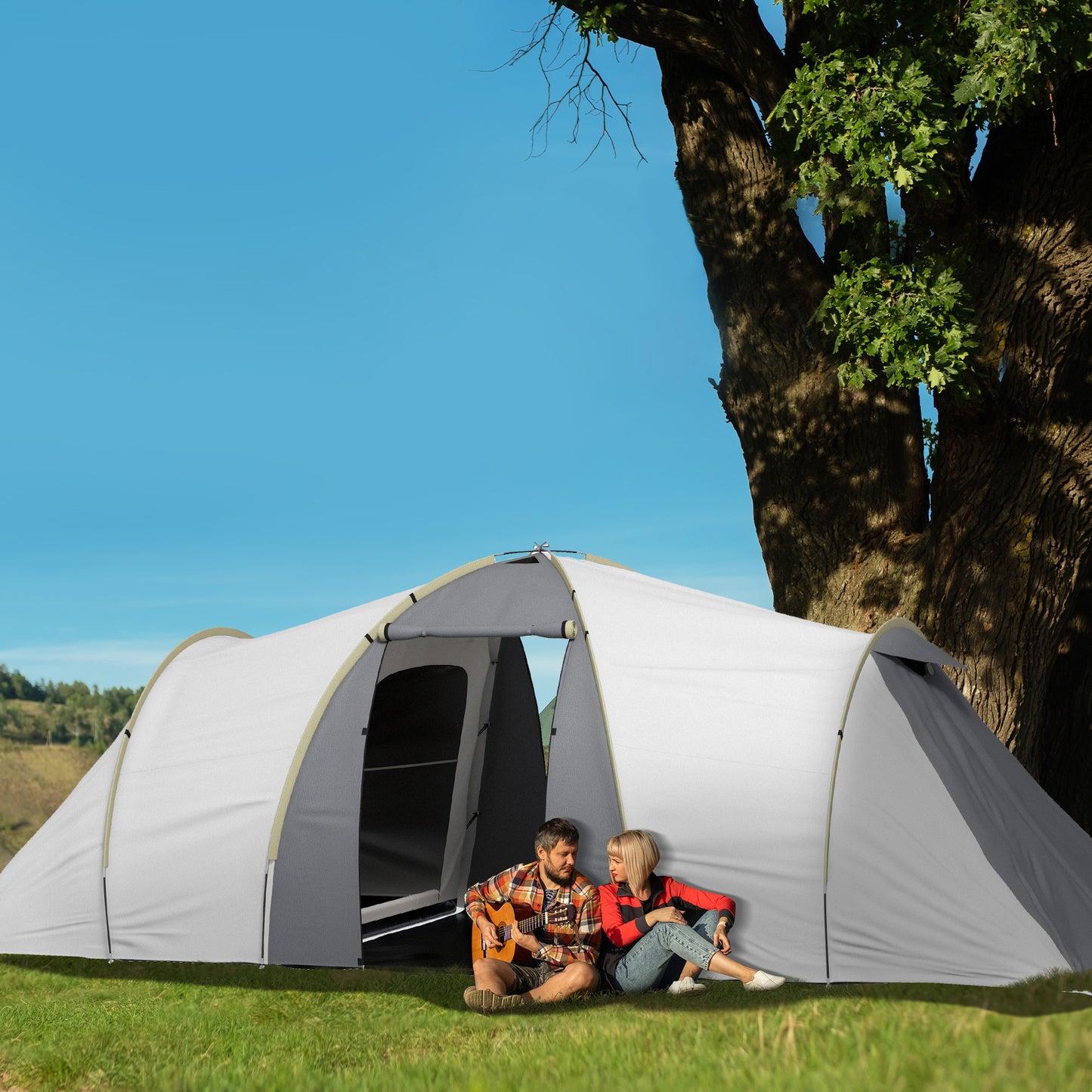 4-6 Man Tunnel Tent Camping Tent with 2 Bedroom, Vestibule, Bag, 2000mm Waterproof, UV50+ for Fishing, Hiking, Festival