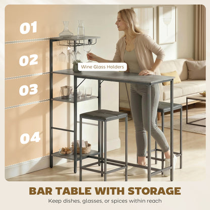 3Pcs Breakfast Bar Table and Stools Set 4-tier shelving, Washed Grey