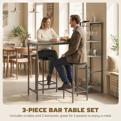 3Pcs Breakfast Bar Table and Stools Set 4-tier shelving, Washed Grey