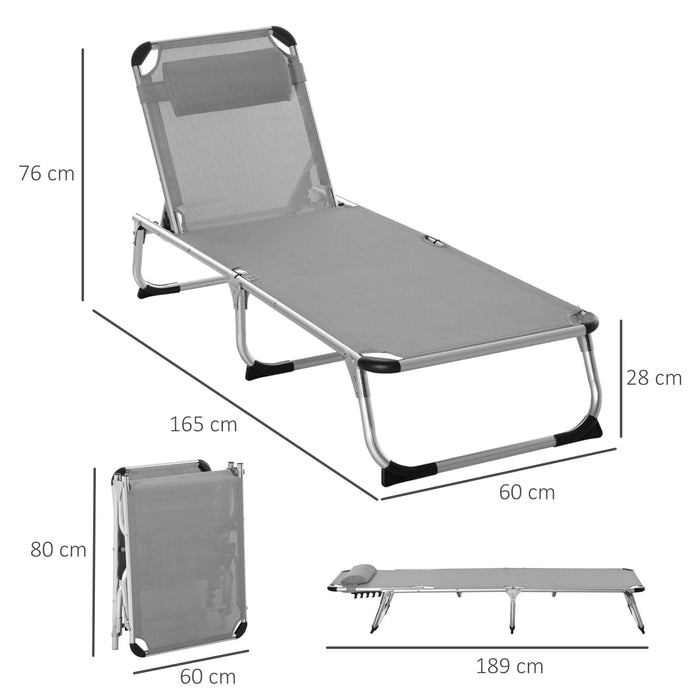 Foldable Reclining Sun Lounger Lounge Chair Camping Bed Cot w/ Pillow 4-Level Adjustable Back Aluminium Frame Grey