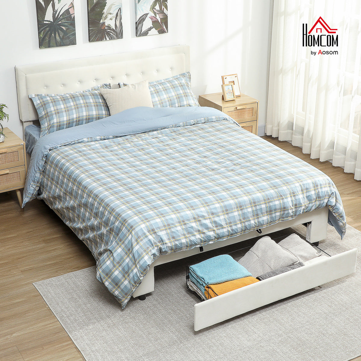 King Size Bed Frame with Storage and Adjustable Headboard, Cream