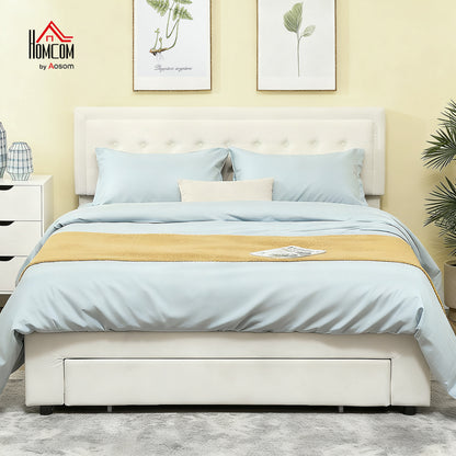 King Size Bed Frame with Storage and Adjustable Headboard, Cream
