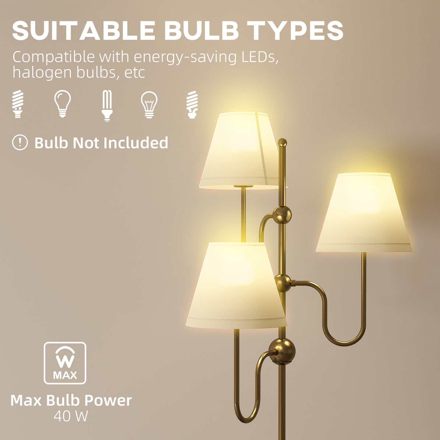 3-Light Floor Lamp, 165 cm Tall Standing Lamp with Foot Switch