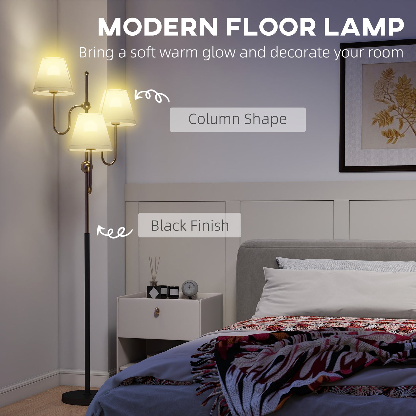 3-Light Floor Lamp, 165 cm Tall Standing Lamp with Foot Switch