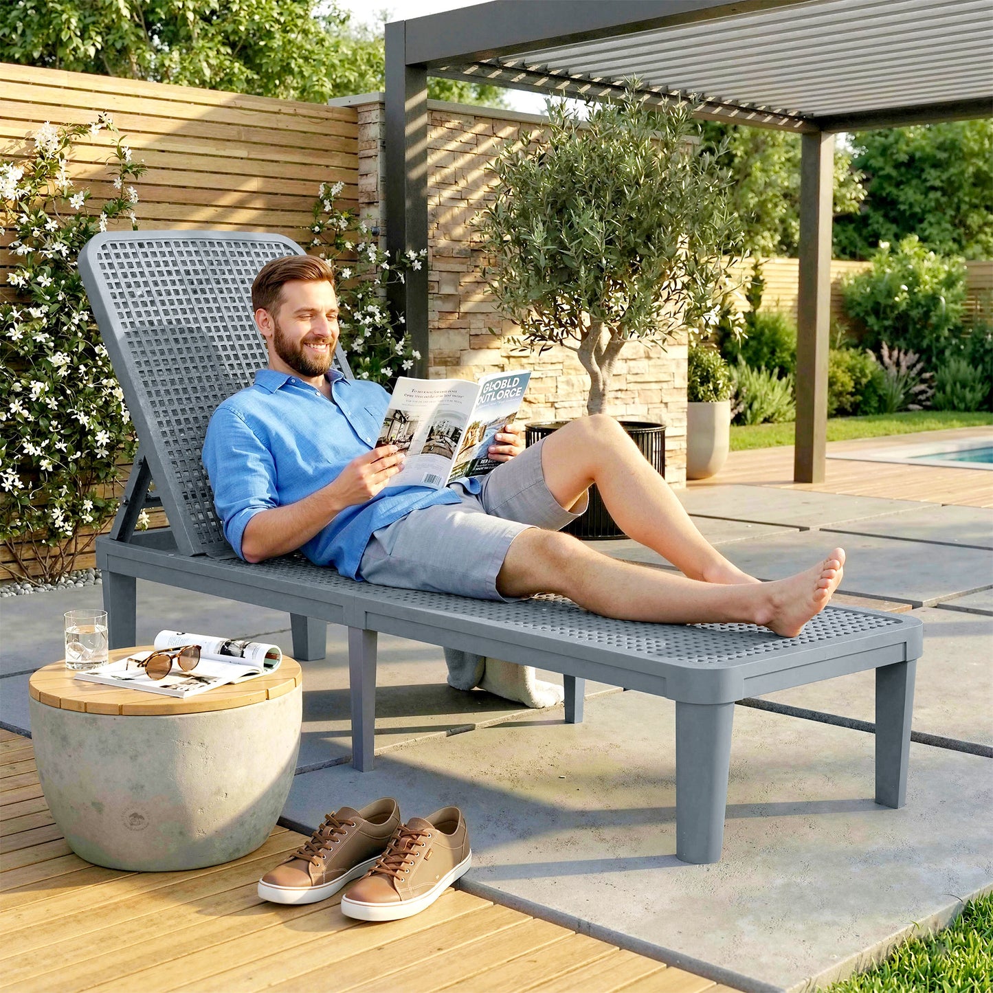 Plastic Sun Lounger, 4-Position Garden Lounger Sun bed, Dark Grey