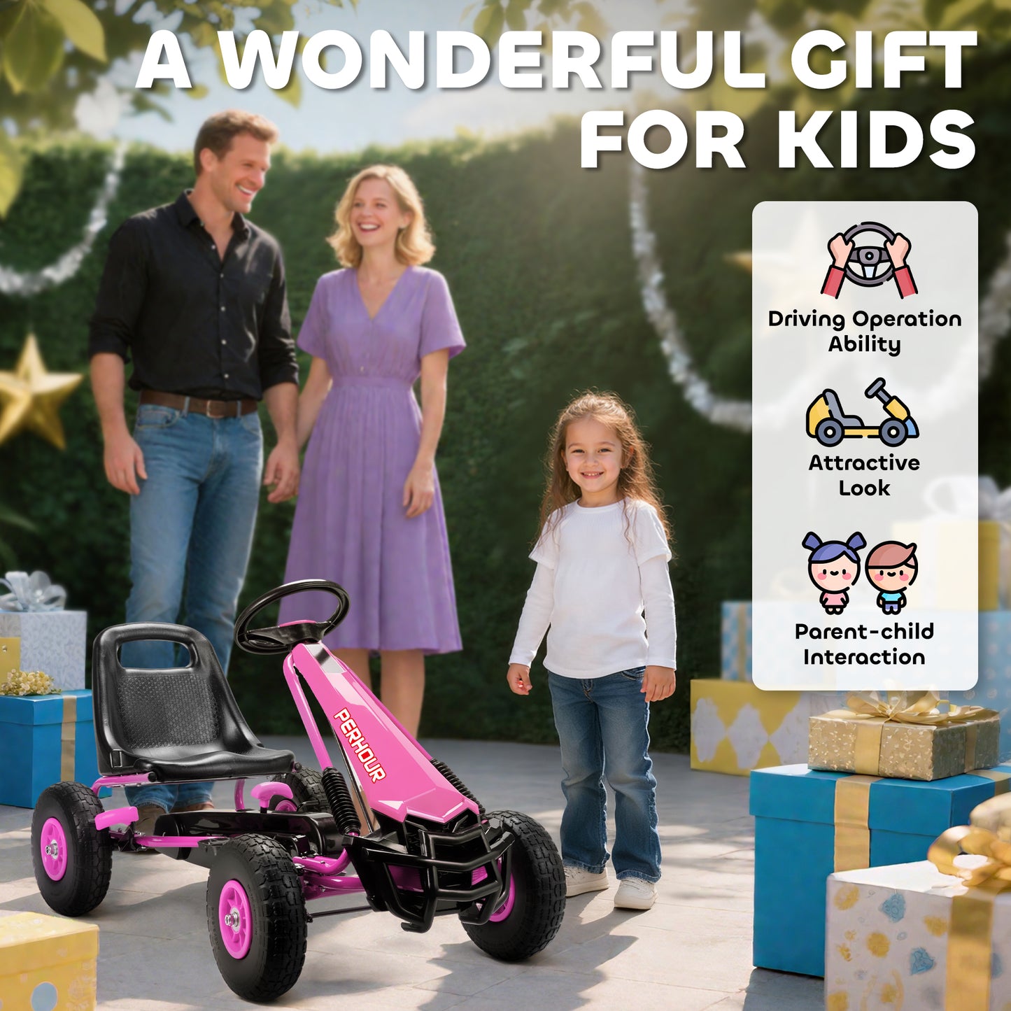 Kids Pedal Go Kart with Adjustable Seat, EVA Tyres, Pink