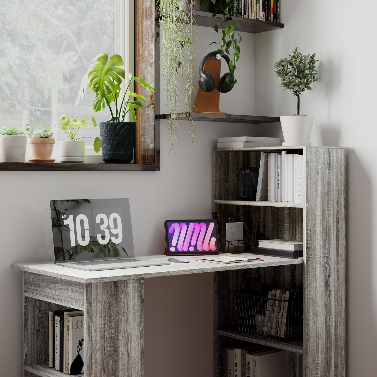 120cm Computer Desk Bookshelf Writing Table Workstation 6 Shelves Grey
