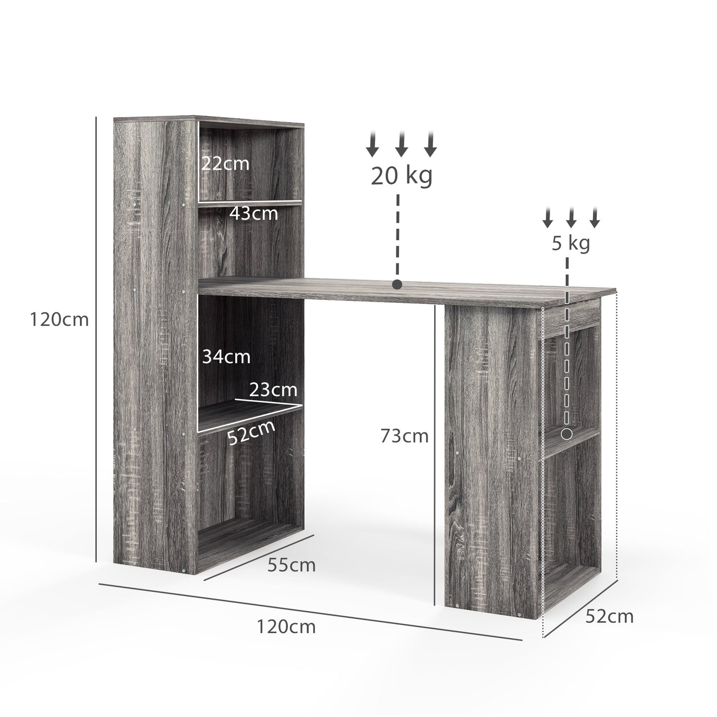 120cm Computer Desk Bookshelf Writing Table Workstation 6 Shelves Grey