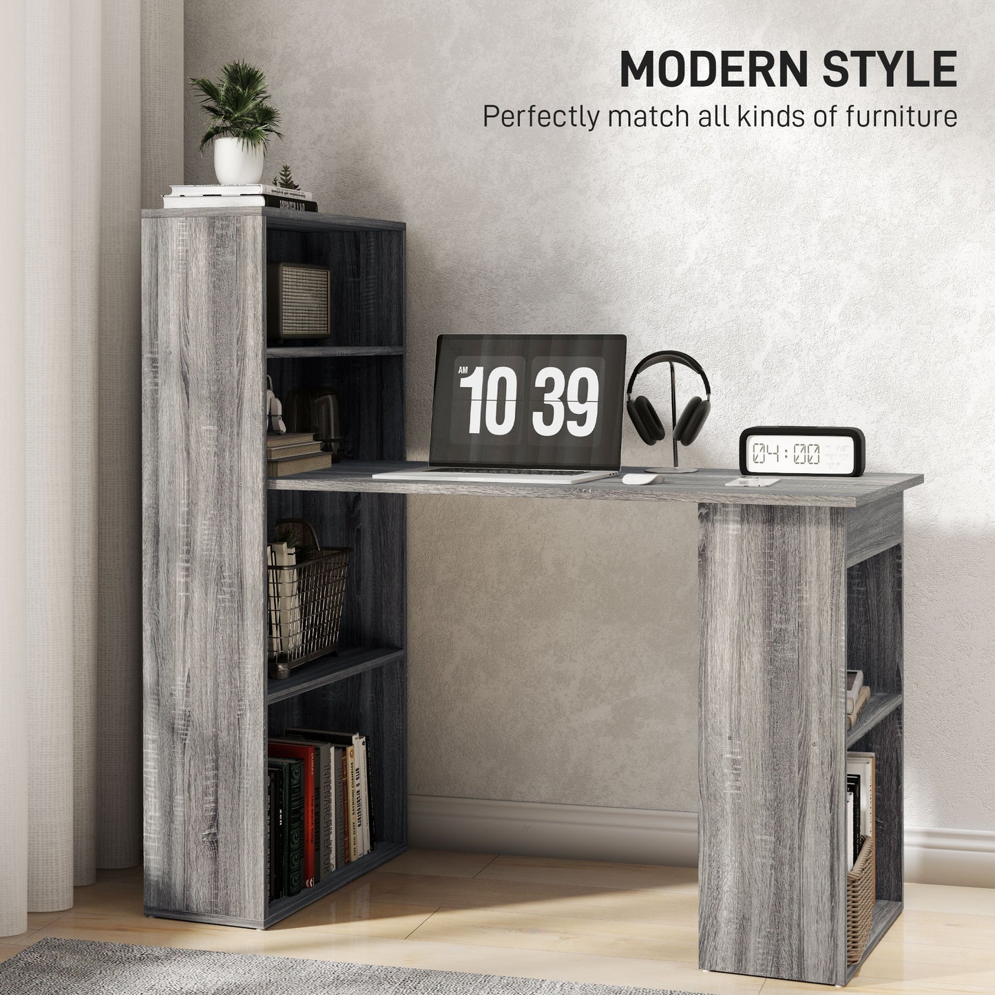 120cm Computer Desk Bookshelf Writing Table Workstation 6 Shelves Grey