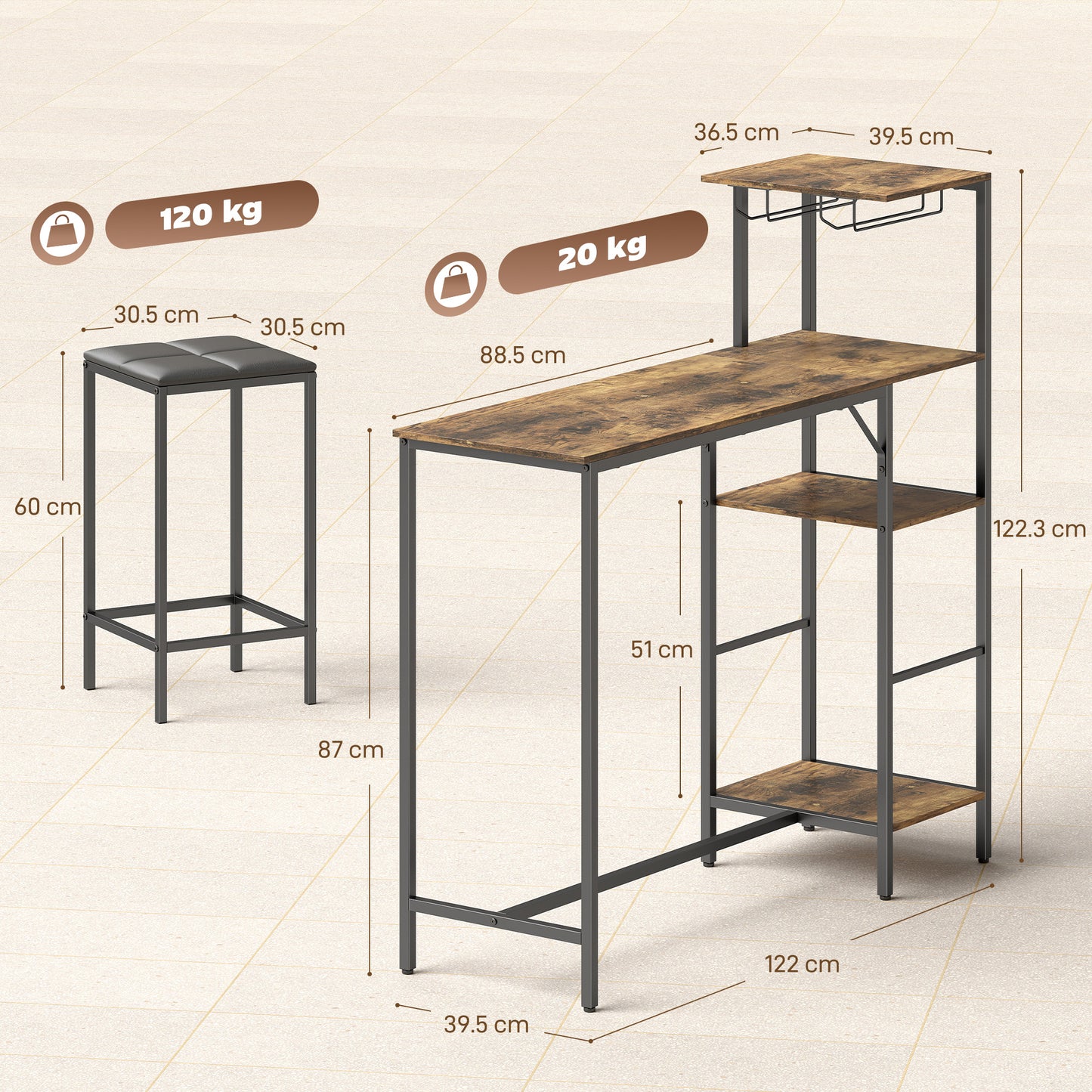 3Pcs Breakfast Bar Table and Stools Set 4-tier shelving, Rustic Brown