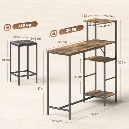 3Pcs Breakfast Bar Table and Stools Set 4-tier shelving, Rustic Brown