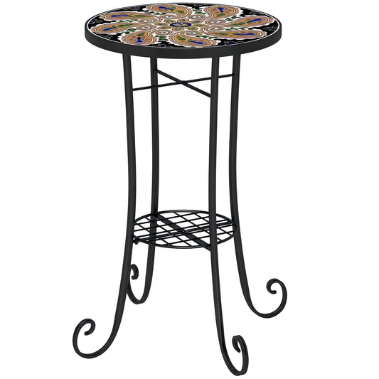 35.5cm Round Mosaic Garden Side Table Plant Stand w/ Shelf, Orange