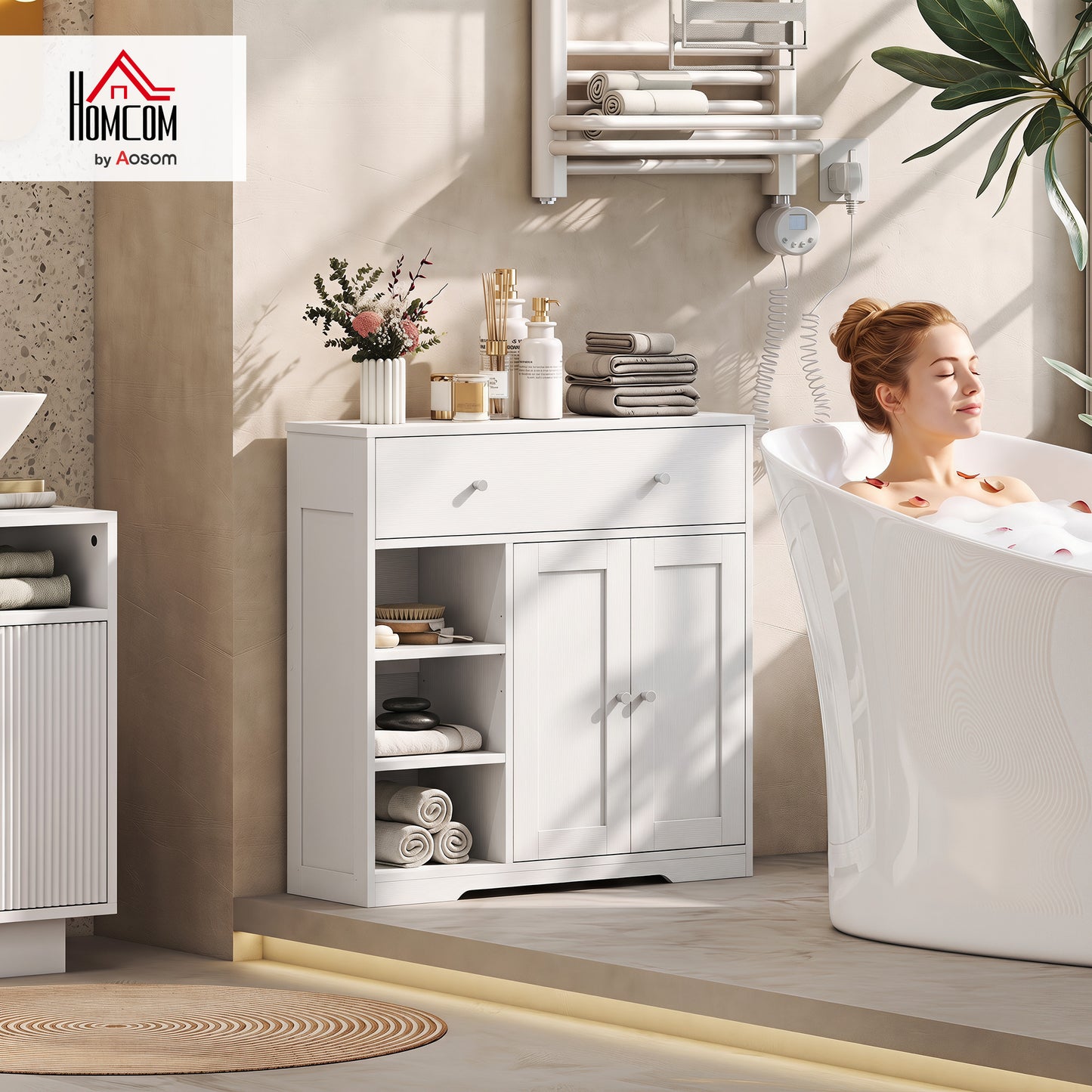 Bathroom Floor Cabinet, Bathroom Cabinet with Drawer and Door, White