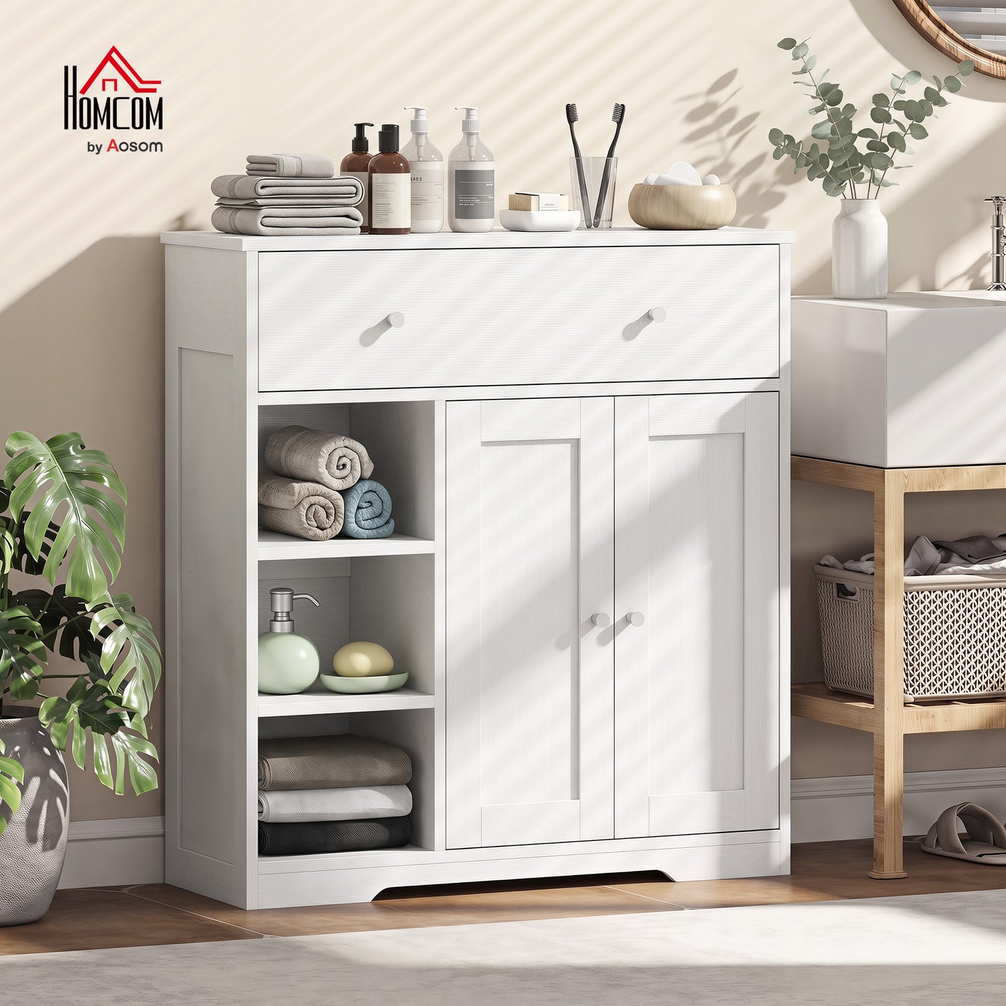 Bathroom Floor Cabinet, Bathroom Cabinet with Drawer and Door, White