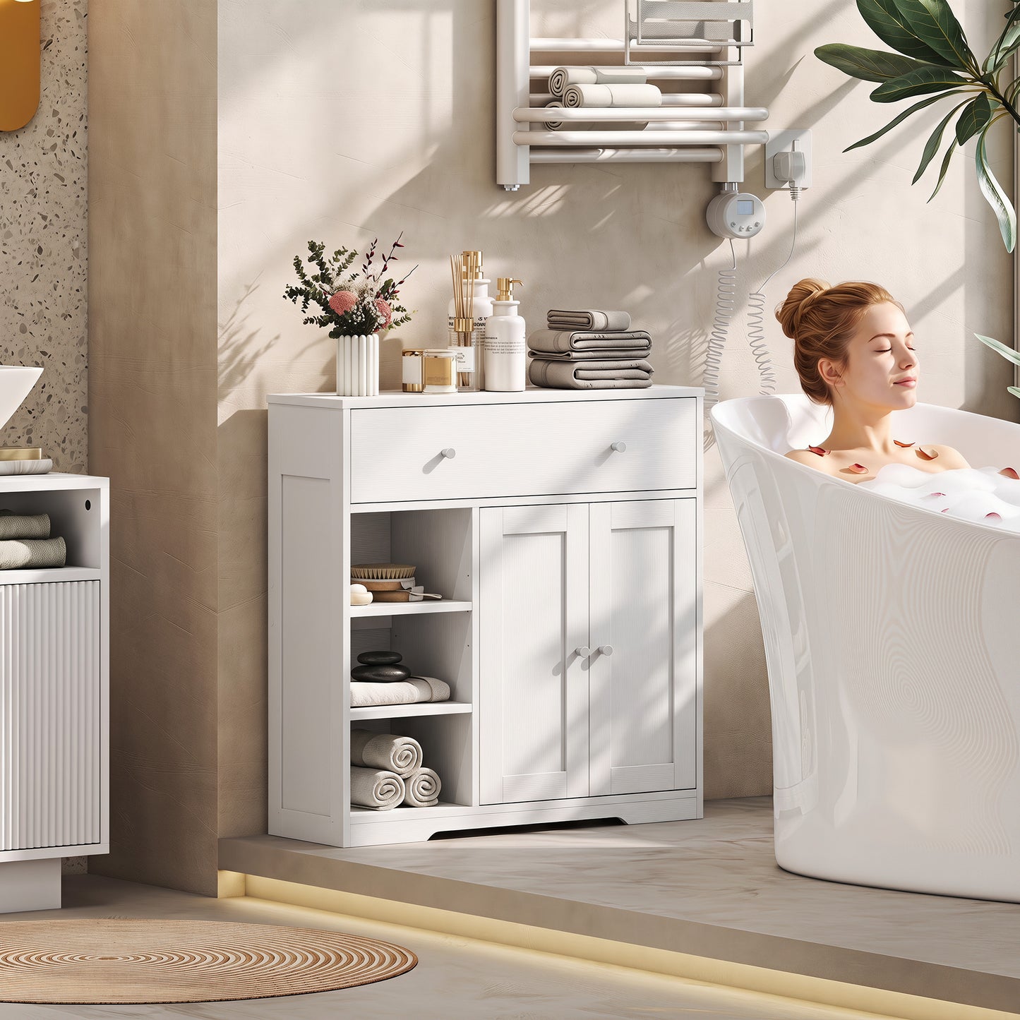Bathroom Floor Cabinet, Bathroom Cabinet with Drawer and Door, White