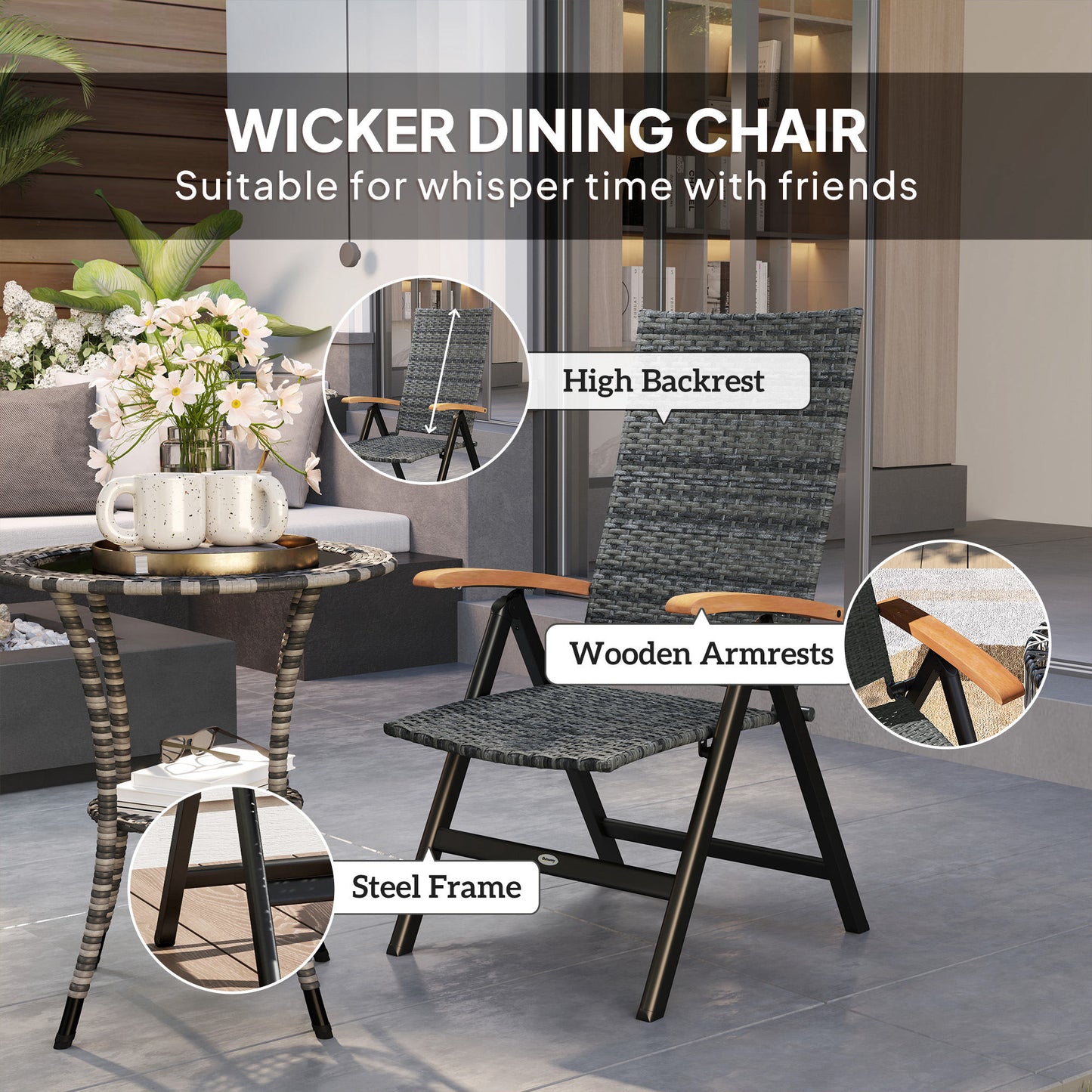 Outdoor Folding Rattan Chair, Dining Chair, Mixed-grey