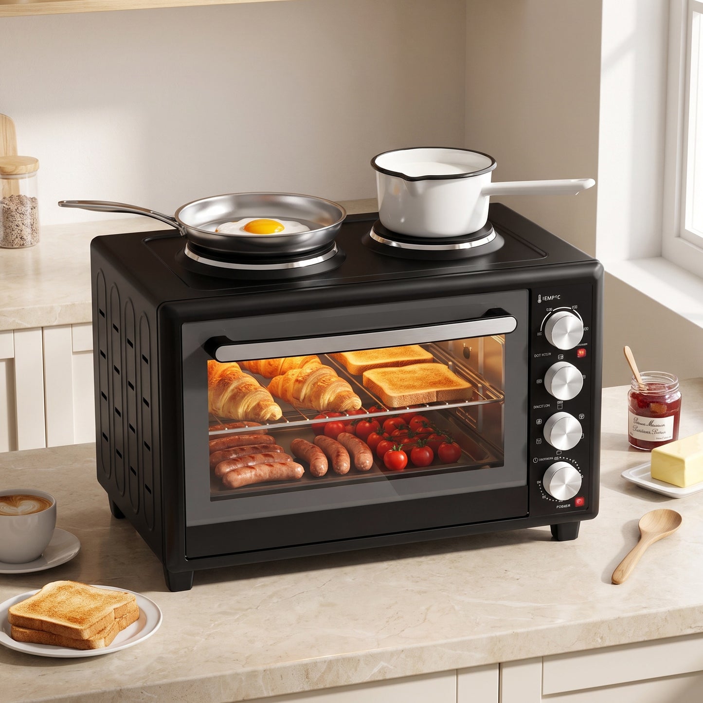46L Mini Oven with Dual Hot Plates, Electric Countertop Cooker