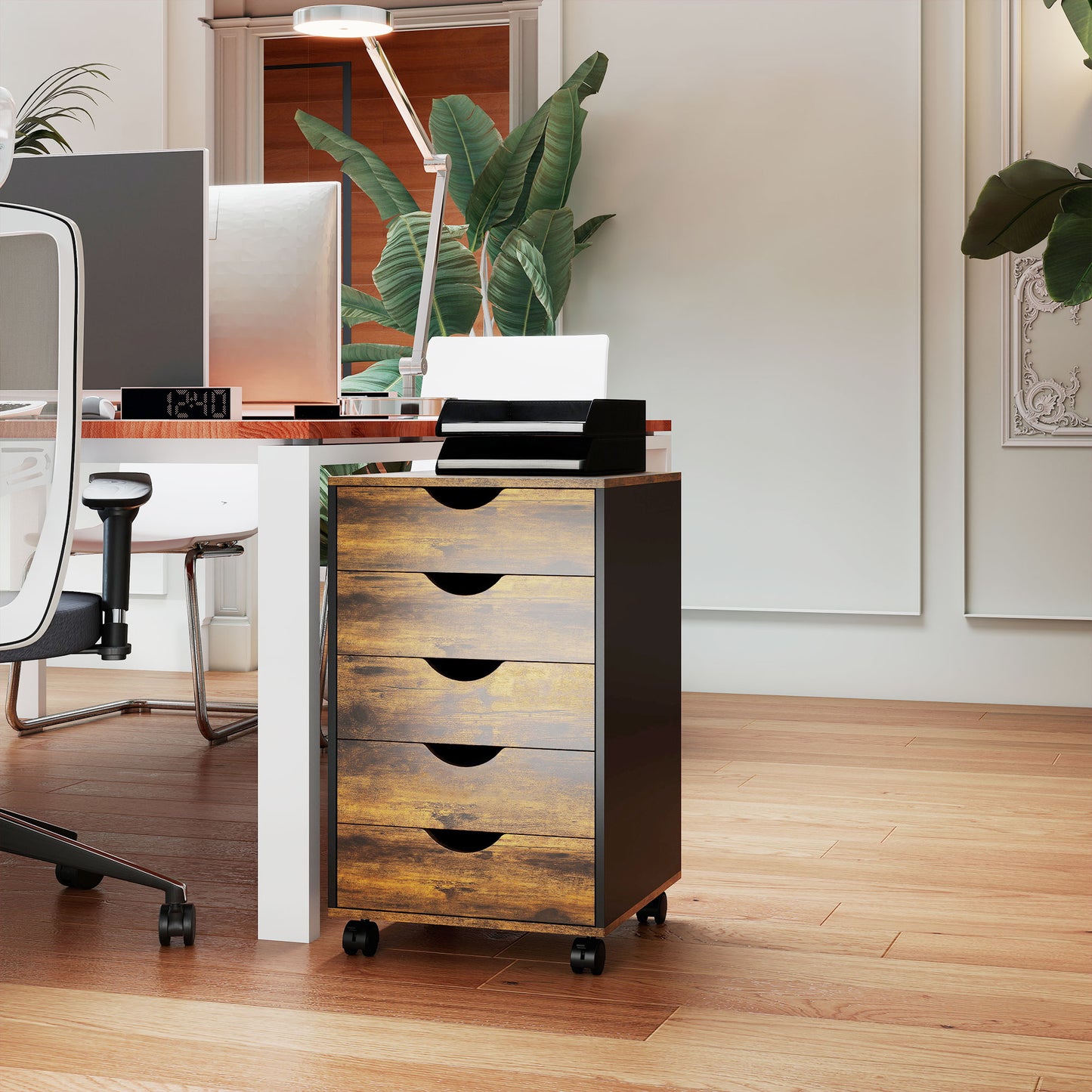 Filing Cabinet with 5 Drawers, Under Desk Drawer, Rustic Brown