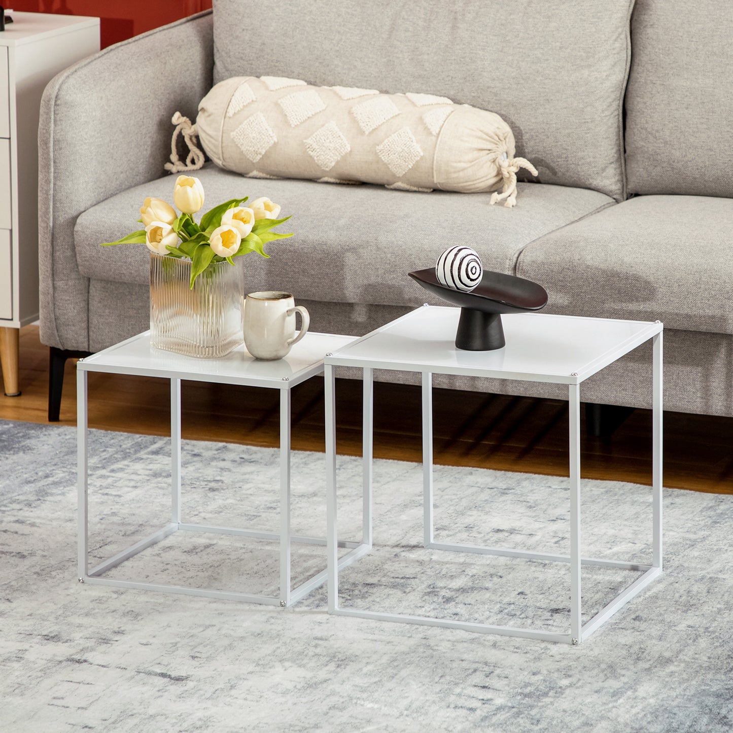 Nesting Coffee Table Set of 2, Nest of Tables with Steel Frame, White