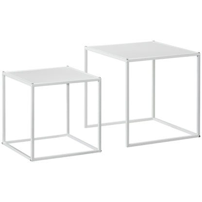 Nesting Coffee Table Set of 2, Nest of Tables with Steel Frame, White
