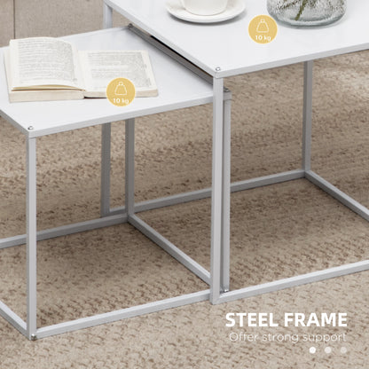 Nesting Coffee Table Set of 2, Nest of Tables with Steel Frame, White