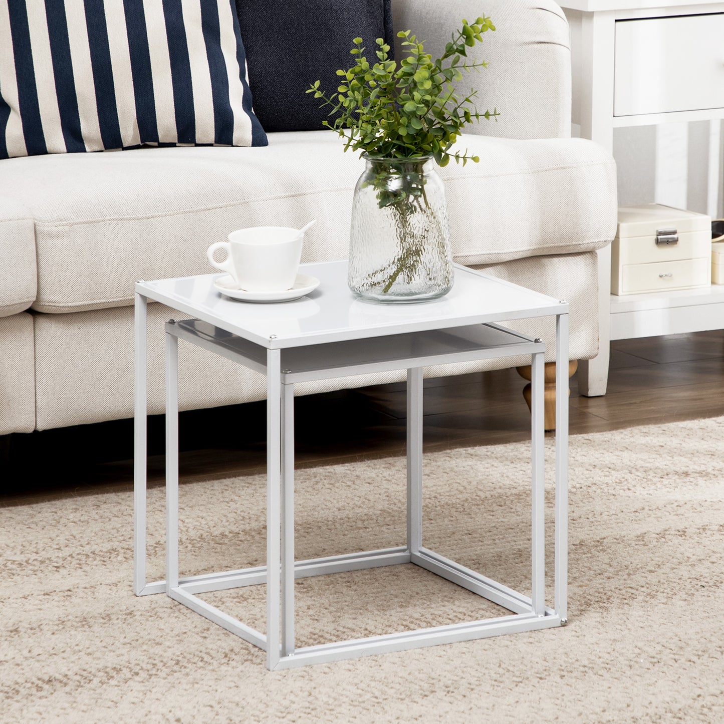 Nesting Coffee Table Set of 2, Nest of Tables with Steel Frame, White
