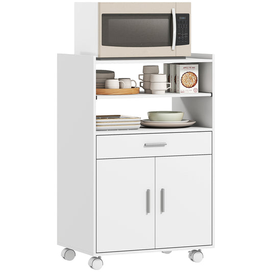 Kitchen Trolley with Wheels, Modern Mobile Microwave Stand with Slide-Out Shelf, Drawer and 2 Doors for Dining Room, 59 x 40 x 92 cm, White