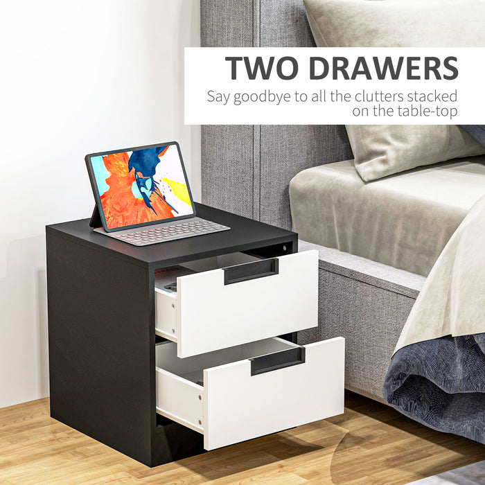 Bedside Tables Set of 2, Nightstands with 2 Drawers, Modern Bedside Cabinets with Storage for Bedroom, Living Room, White and Black