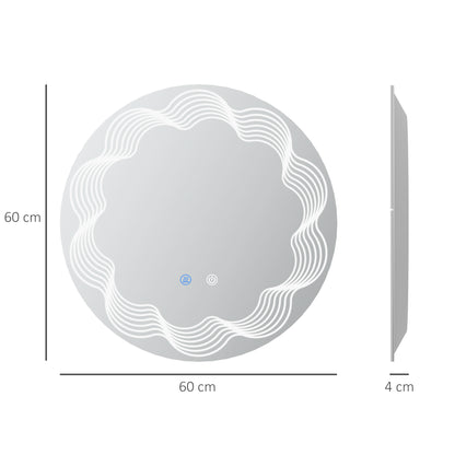 kleankin Round Illuminated Bathroom Mirrors w/ LED Dimming Lighted , Wall Mounted Vanity Mirror w/ 3 Colour, Smart Touch, Anti-Fog, 60cm