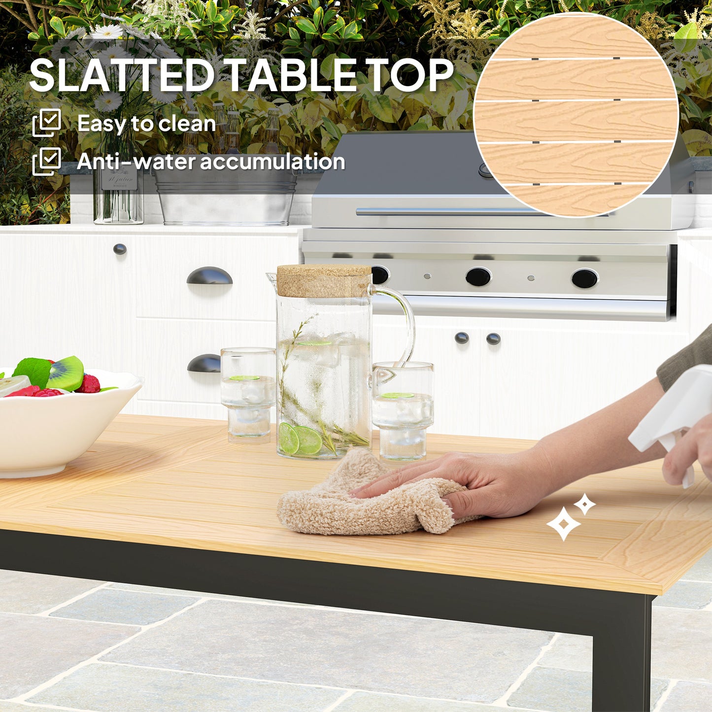 Garden Table for 6 People with Slatted Table Top, Metal Frame, Teak