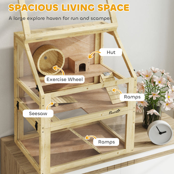 Wooden Hamster Cage, 3 Tier Gerbil Cage with Detachable 32cm Deep Bottom, Hut, Seesaw, Exercise Wheel, Ramps, 60 x 40 x 75cm, Natural Wood Finish