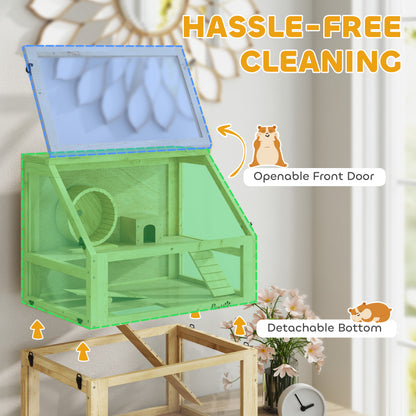 Wooden Hamster Cage, 3 Tier Gerbil Cage with Detachable 32cm Deep Bottom, Hut, Seesaw, Exercise Wheel, Ramps, 60 x 40 x 75cm, Natural Wood Finish