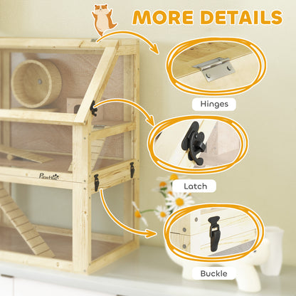 Wooden Hamster Cage, 3 Tier Gerbil Cage with Detachable 32cm Deep Bottom, Hut, Seesaw, Exercise Wheel, Ramps, 60 x 40 x 75cm, Natural Wood Finish