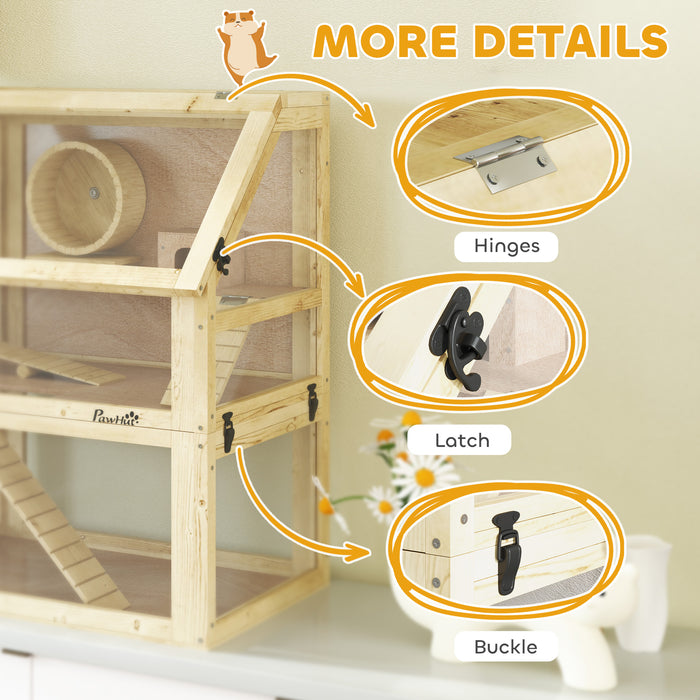 Wooden Hamster Cage, 3 Tier Gerbil Cage with Detachable 32cm Deep Bottom, Hut, Seesaw, Exercise Wheel, Ramps, 60 x 40 x 75cm, Natural Wood Finish