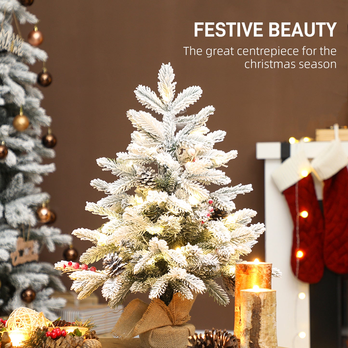 60 cm Prelit Mini Tabletop Christmas Tree, Snow Flocked Xmas Tree