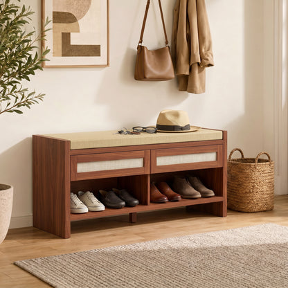 Shoe Bench with 2 Rattan Drawers Cushion Brown
