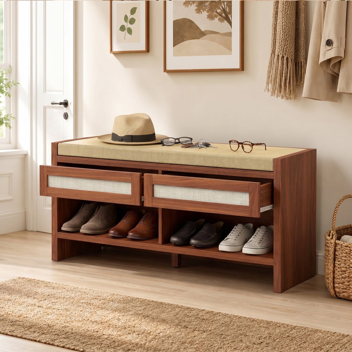 Shoe Bench with 2 Rattan Drawers Cushion Brown