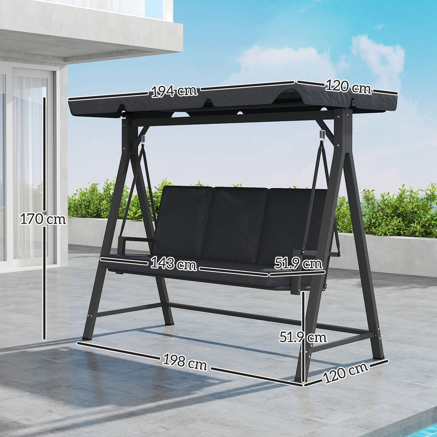 3 Seater Garden Swing Seat with Adjustable Canopy and Cushion Grey