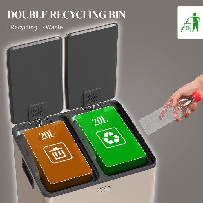 2 x 20L Dual Kitchen Bin Pedal Bin for Recycling and Waste, Gold Tone