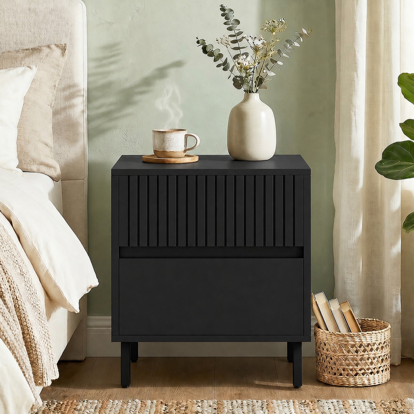 Bedside Cabinet with 2 Drawers, Storage and Steel Legs, Black