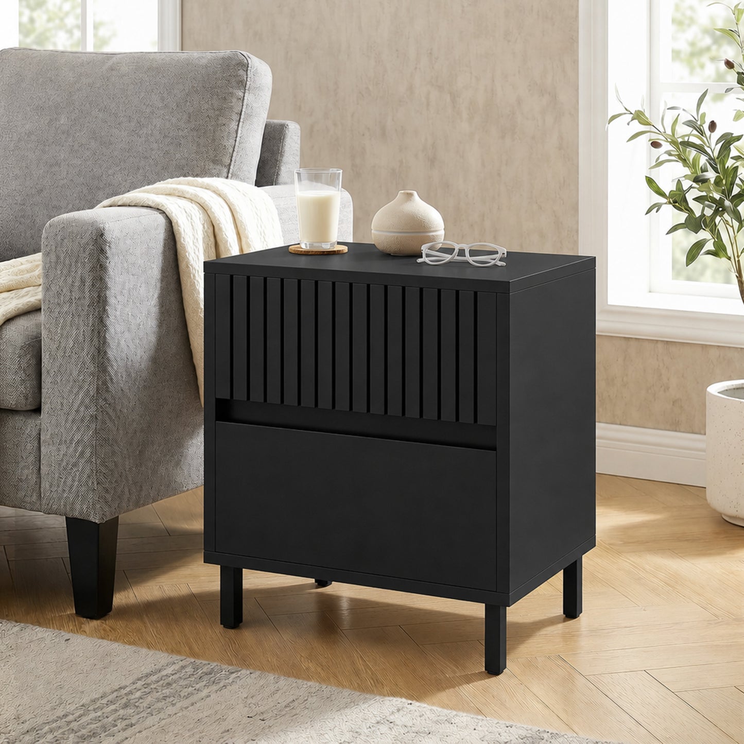 Bedside Cabinet with 2 Drawers, Storage and Steel Legs, Black
