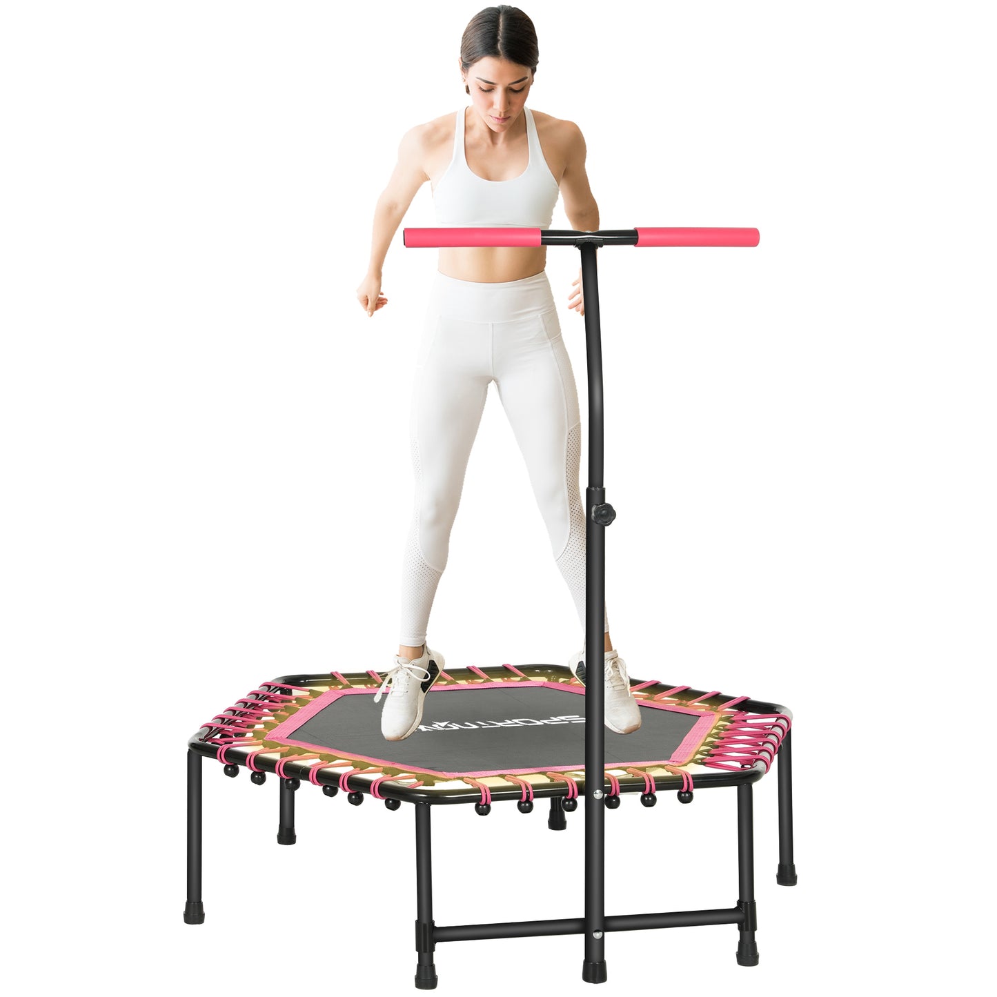 45" Fitness Trampoline with Adjustable Handle, LED Lights, Pink