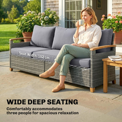 3 Seater Rattan Garden Sofa with Cushioned Wide Seats, Dark Grey