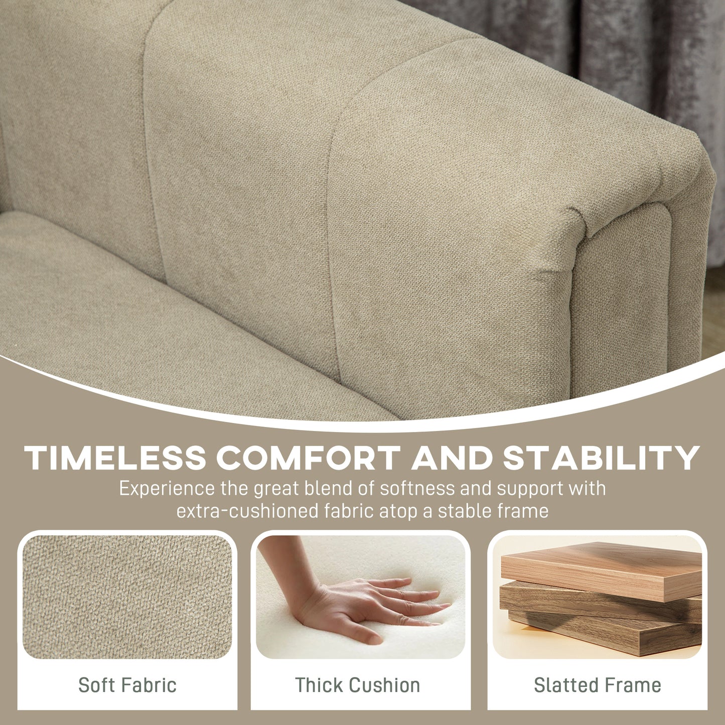 3 Seater Sofa, Modern Fabric Couch with Channel Tufted, Khaki